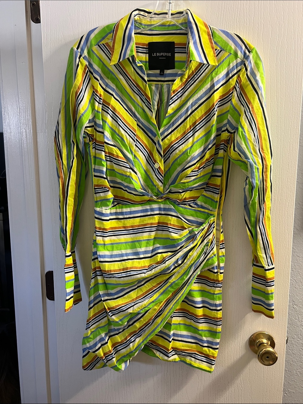 Le Superbe Lime & Yellow Stripe Long-Sleeve Wrap Dress